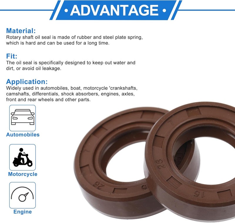 VekAuto Universal Oil Seal TC Double Lip W Steel Spring Seal Ring Rotary Shaft Seal 15x26x7mm High Pressure FKM Rubber Brown 2 Pcs - Image 4